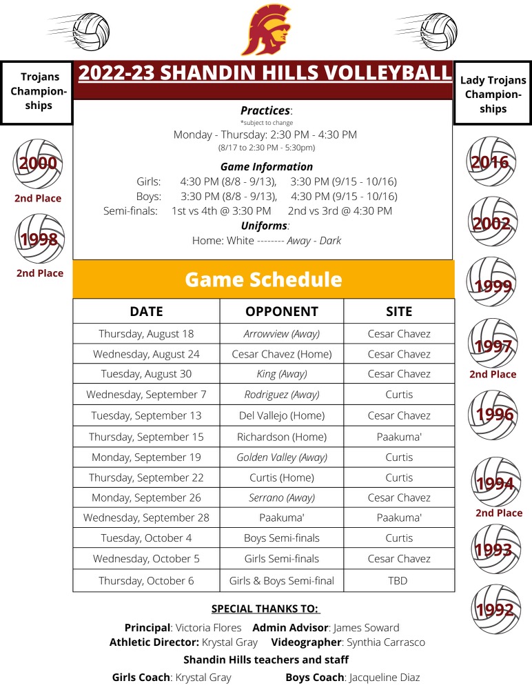 Volleyball Schedule · Shandin Hills Athletics